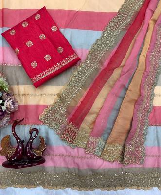 Multicolor silk blend printed saree with sequins work 3