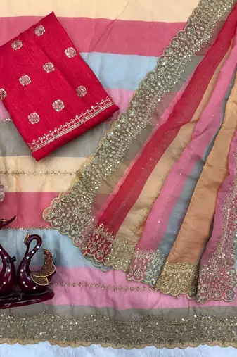 Multicolor silk blend printed saree with sequins work