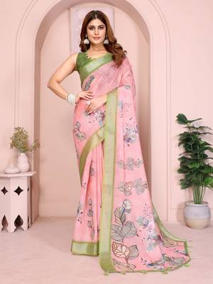 Pink linen cotton floral printed casual saree with matching blouse piece 1