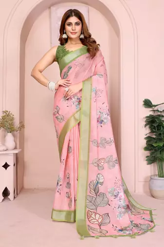 Pink linen cotton floral printed casual saree with matching blouse piece