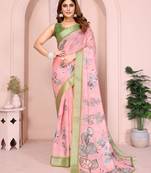 Pink linen cotton floral printed casual saree with matching blouse piece