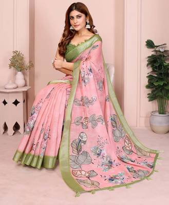 Pink linen cotton floral printed casual saree with matching blouse piece 2