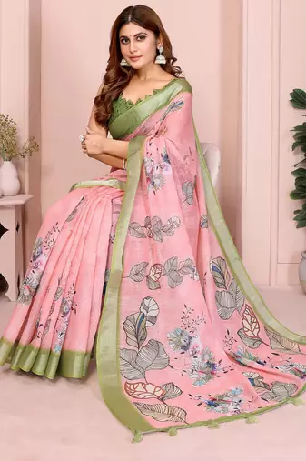 Pink linen cotton floral printed casual saree with matching blouse piece