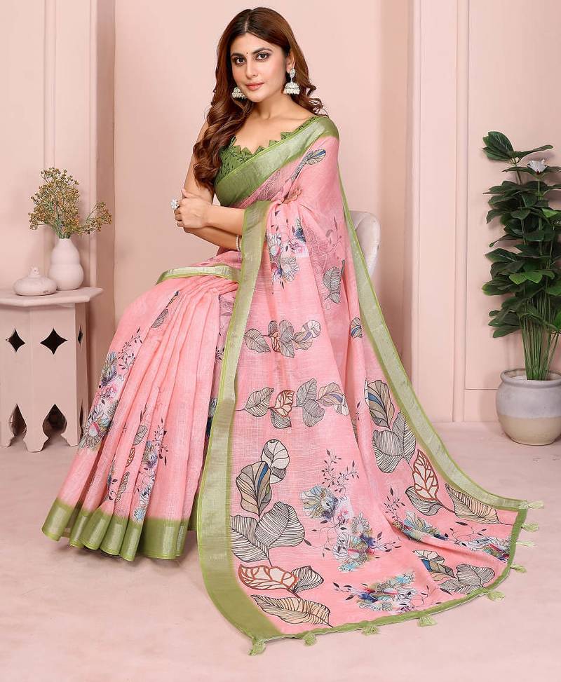 Pink linen cotton floral printed casual saree with matching blouse piece