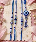 set of 4 designer blue evil eye thread rakhi with roli chawal chandan mishri