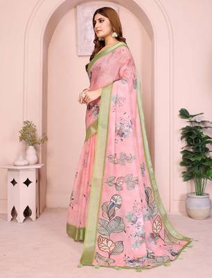 Pink linen cotton floral printed casual saree with matching blouse piece 3