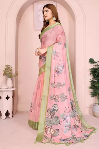 Pink linen cotton floral printed casual saree with matching blouse piece