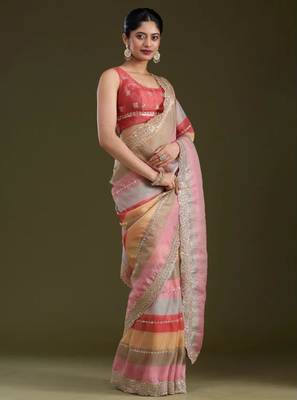 Multicolor silk blend printed saree with sequins work 4