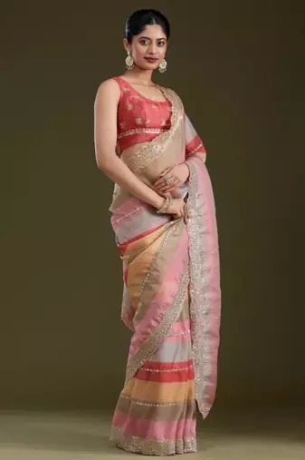 Multicolor silk blend printed saree with sequins work