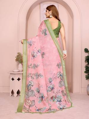 Pink linen cotton floral printed casual saree with matching blouse piece 4