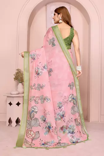 Pink linen cotton floral printed casual saree with matching blouse piece