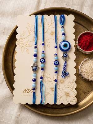 set of 4 designer blue evil eye thread rakhi with roli chawal chandan mishri 2