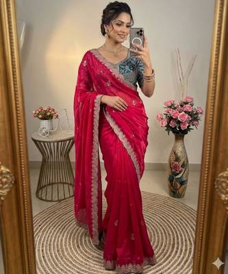 Magenta silk blend embroidered saree with sequins work 1