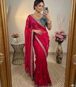 Magenta silk blend embroidered saree with sequins work