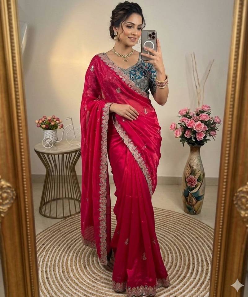 Magenta silk blend embroidered saree with sequins work