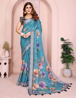 Blue linen cotton floral printed casual saree with matching blouse piece 1