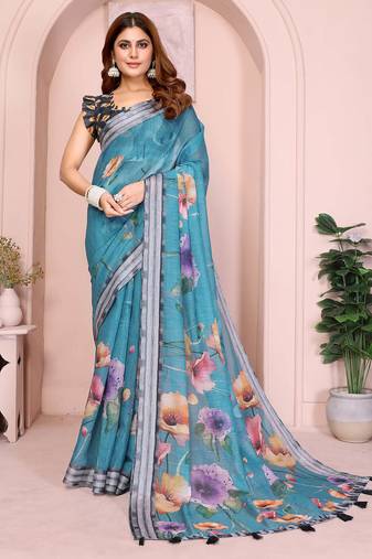 Blue linen cotton floral printed casual saree with matching blouse piece
