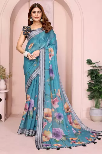 Blue linen cotton floral printed casual saree with matching blouse piece