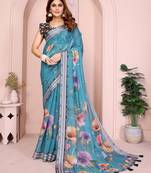 Blue linen cotton floral printed casual saree with matching blouse piece
