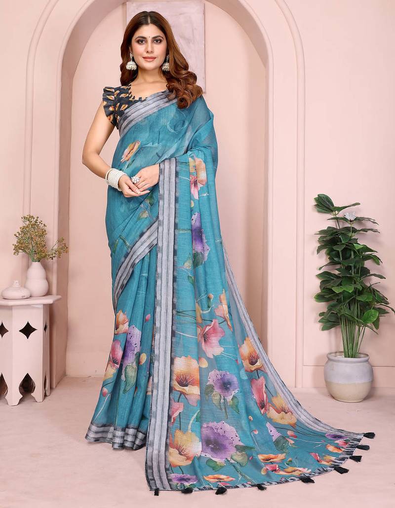 Blue linen cotton floral printed casual saree with matching blouse piece