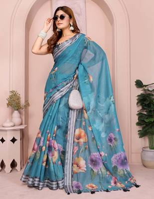 Blue linen cotton floral printed casual saree with matching blouse piece 2