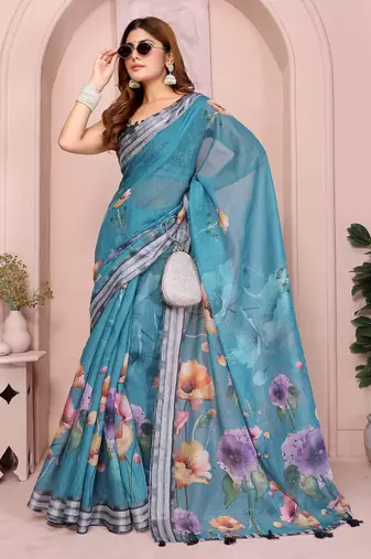 Blue linen cotton floral printed casual saree with matching blouse piece