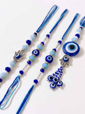 set of 4 designer blue evil eye thread rakhi with roli chawal chandan mishri 3