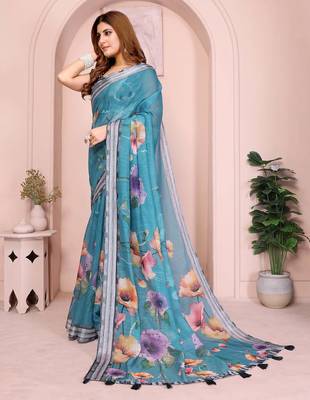 Blue linen cotton floral printed casual saree with matching blouse piece 3