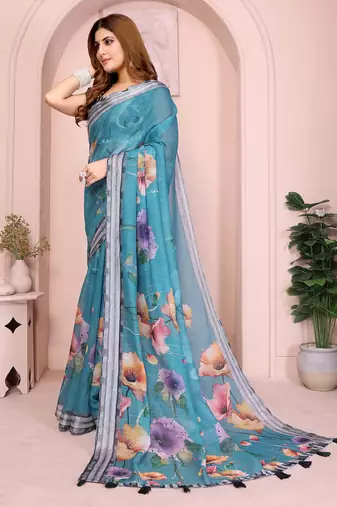 Blue linen cotton floral printed casual saree with matching blouse piece