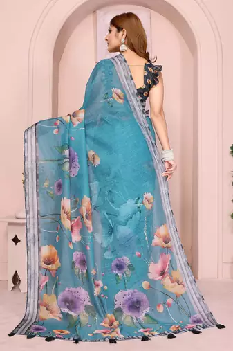 Blue linen cotton floral printed casual saree with matching blouse piece
