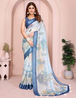 Blue linen cotton floral printed casual saree with matching blouse piece 1