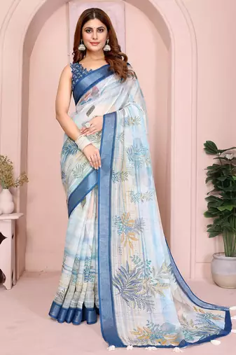 Blue linen cotton floral printed casual saree with matching blouse piece