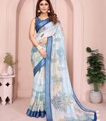 Blue linen cotton floral printed casual saree with matching blouse piece
