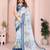 Blue linen cotton floral printed casual saree with matching blouse piece