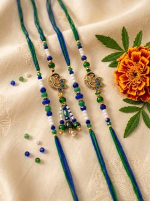 set of 4 green peacock design artificial beads thread rakhi with roli chawal 1