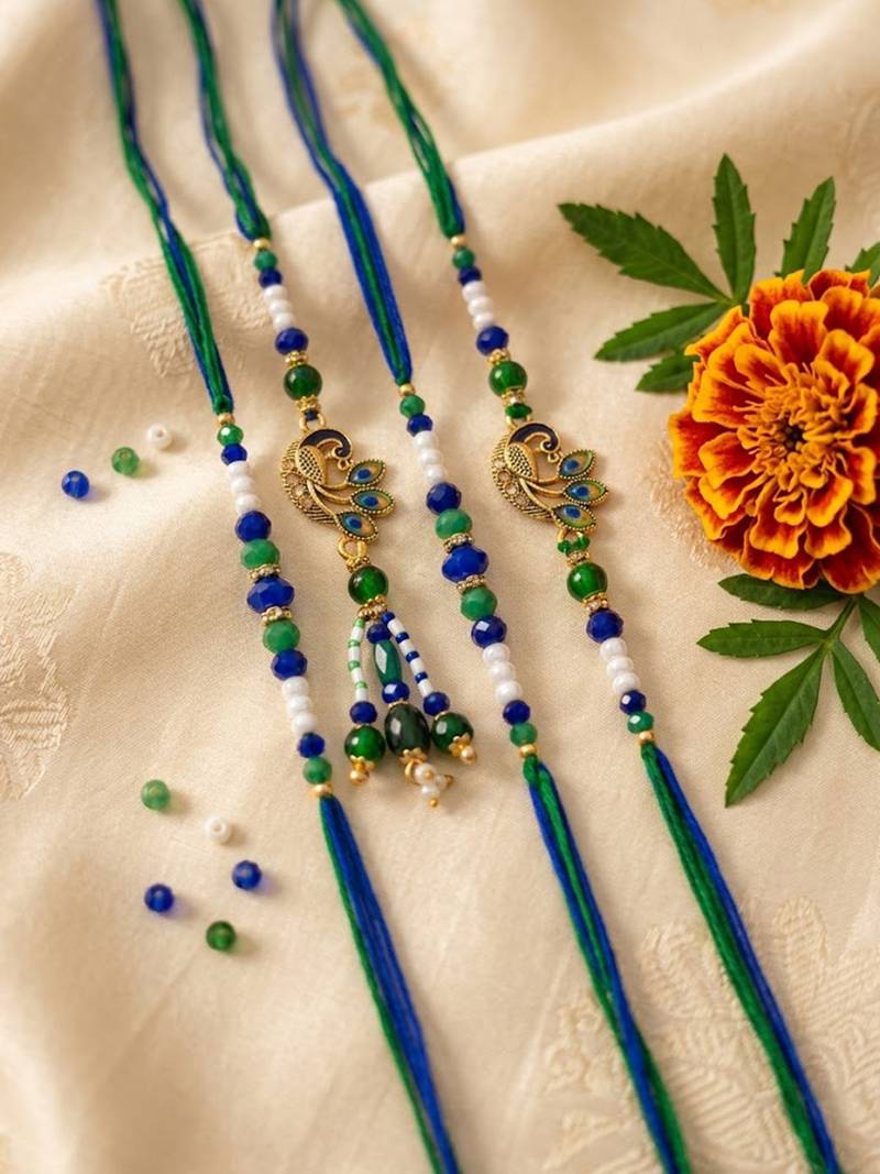 set of 4 green peacock design artificial beads thread rakhi with roli chawal