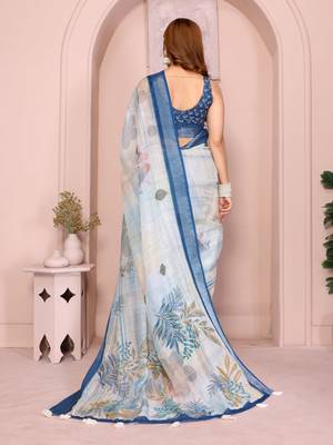 Blue linen cotton floral printed casual saree with matching blouse piece 3