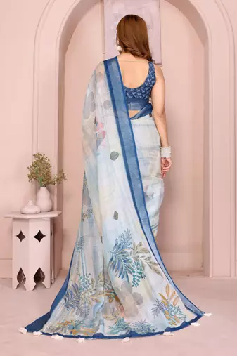 Blue linen cotton floral printed casual saree with matching blouse piece