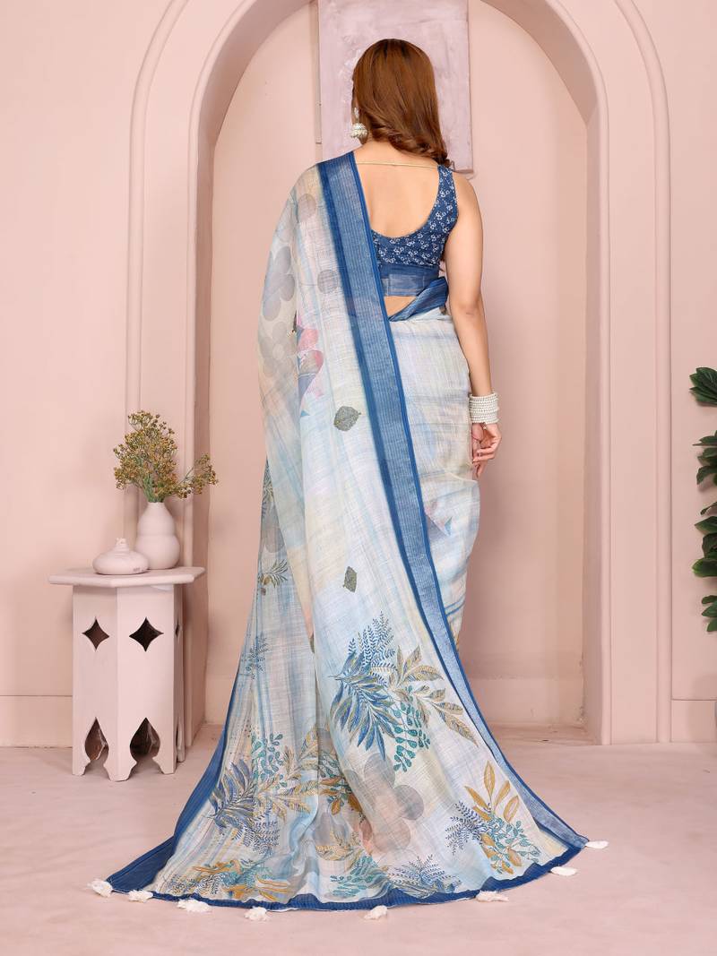 Blue linen cotton floral printed casual saree with matching blouse piece