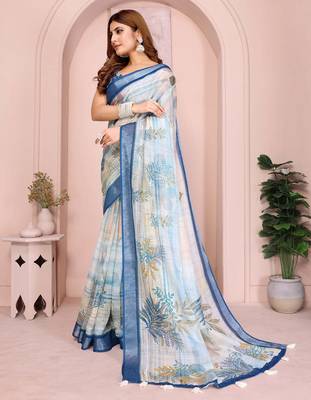 Blue linen cotton floral printed casual saree with matching blouse piece 4