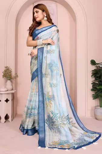 Blue linen cotton floral printed casual saree with matching blouse piece