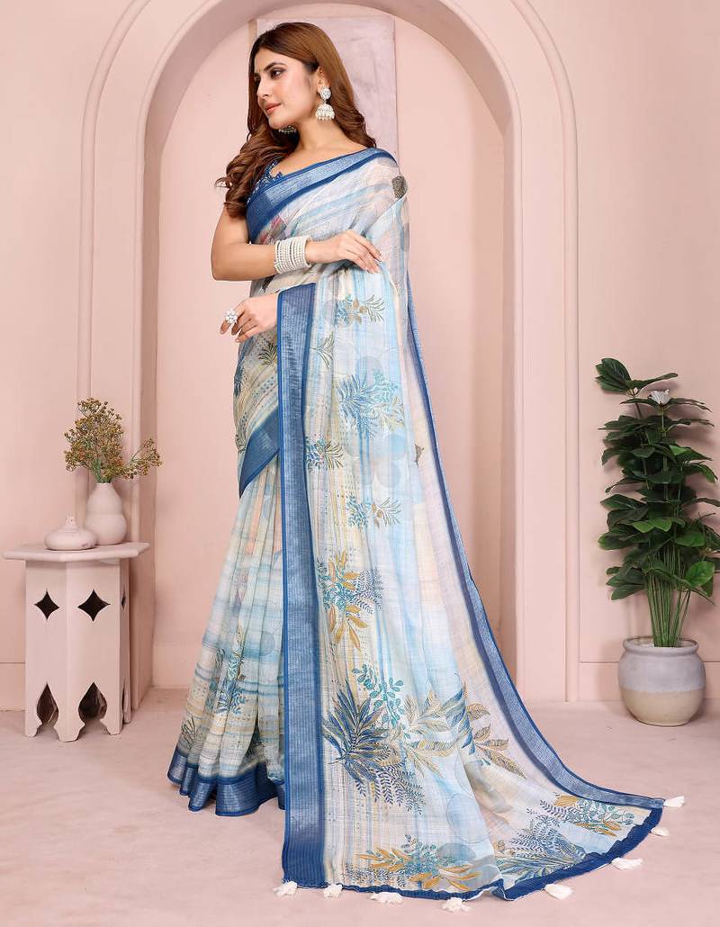 Blue linen cotton floral printed casual saree with matching blouse piece