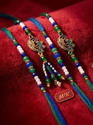 set of 4 green peacock design artificial beads thread rakhi with roli chawal 2