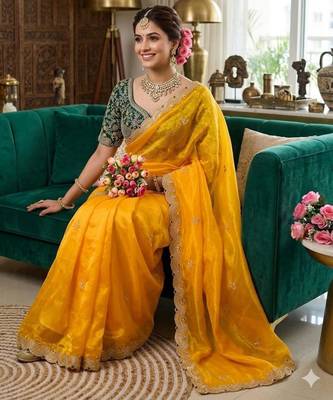 Yellow silk blend embroidered saree with sequins work 1