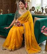 Yellow silk blend embroidered saree with sequins work