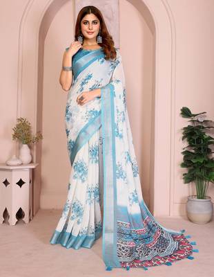 Blue linen cotton floral printed casual saree with matching blouse piece 1