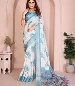 Blue linen cotton floral printed casual saree with matching blouse piece