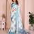 Blue linen cotton floral printed casual saree with matching blouse piece
