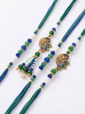 set of 4 green peacock design artificial beads thread rakhi with roli chawal 3