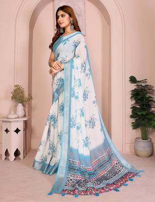 Blue linen cotton floral printed casual saree with matching blouse piece 2